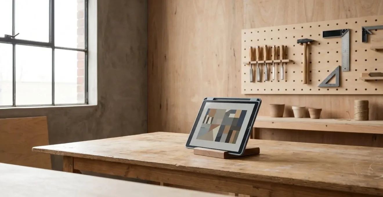 Espace de travail d'artisan avec tablette numérique affichant des ressources techniques de construction