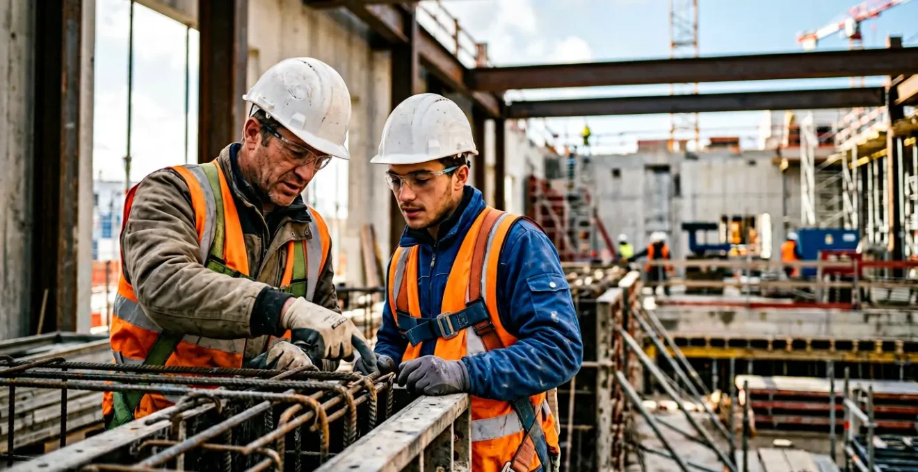Scène de chantier BTP montrant des compagnons qualifiés en pleine collaboration professionnelle
