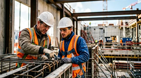 Scène de chantier BTP montrant des compagnons qualifiés en pleine collaboration professionnelle