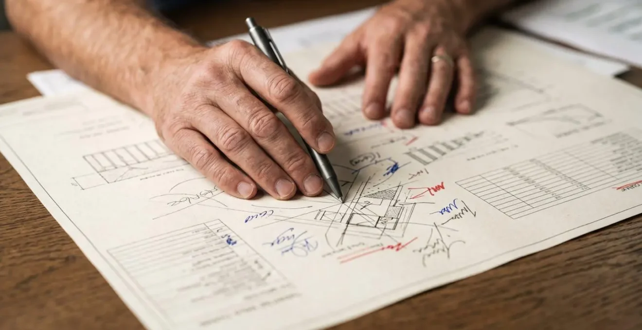 Gros plan sur des mains d'entrepreneur analysant un document de consultation d'entreprise avec des annotations