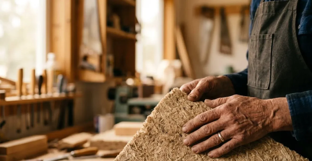 Main d'artisan consultant une documentation technique sur un échantillon d'isolant naturel