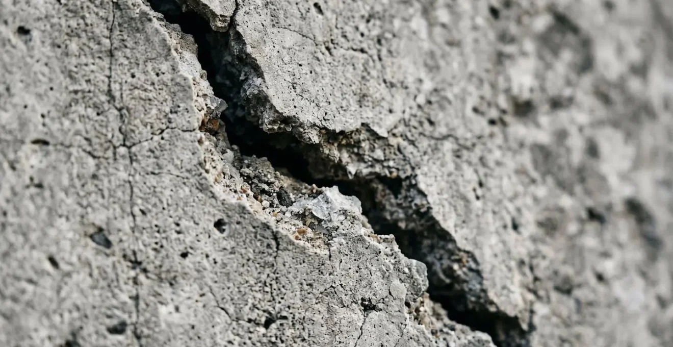 Gros plan détaillé d'une fissure structurelle sur un mur de maison nécessitant une expertise