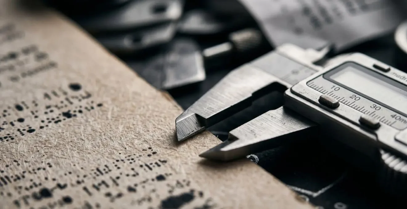 Détail macro de documents techniques et outils de mesure pour analyse d'expertise