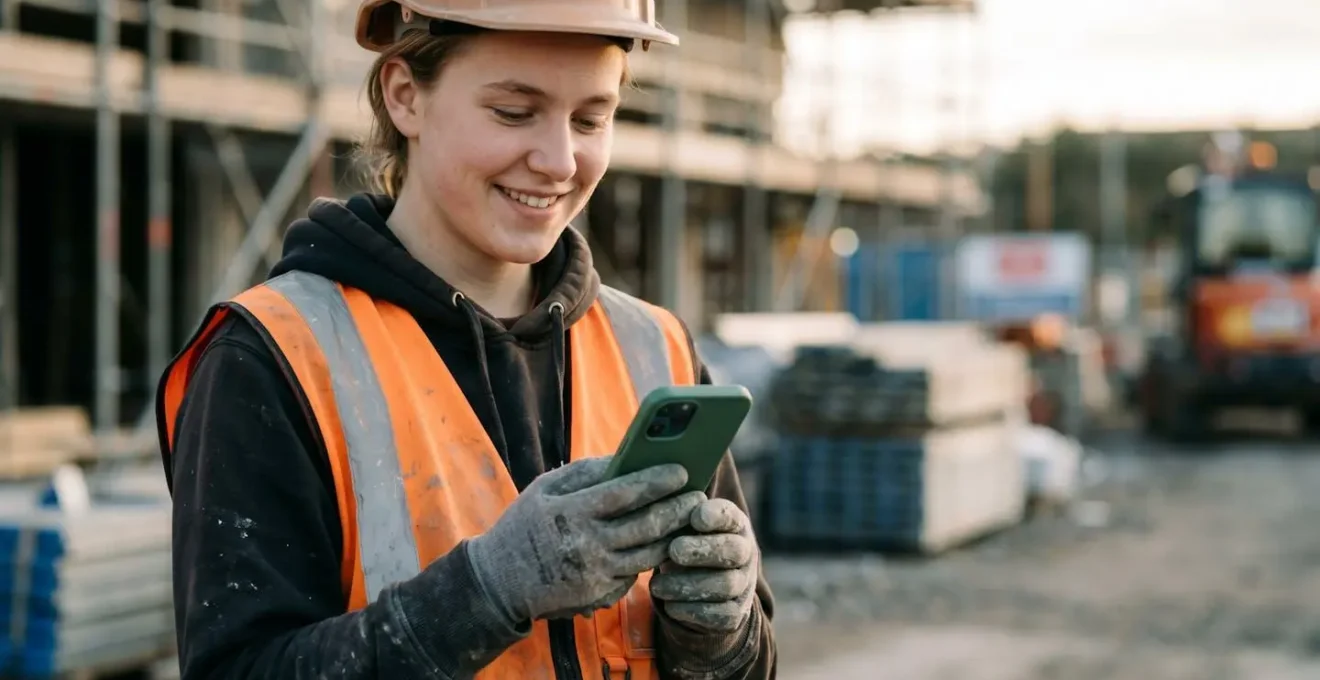 Jeune apprenti du bâtiment utilisant son téléphone sur un chantier pour illustrer le recrutement digital via les réseaux sociaux