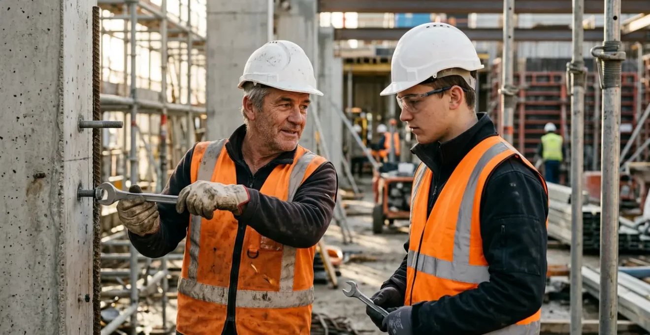 Apprenti en formation sur un chantier BTP, accompagné par un chef d'équipe expérimenté, illustrant la transmission de compétences et le parcours vers le management