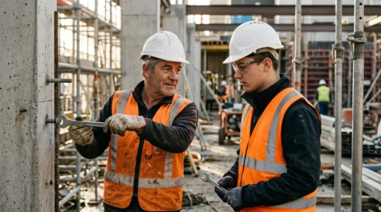 Apprenti en formation sur un chantier BTP, accompagné par un chef d'équipe expérimenté, illustrant la transmission de compétences et le parcours vers le management