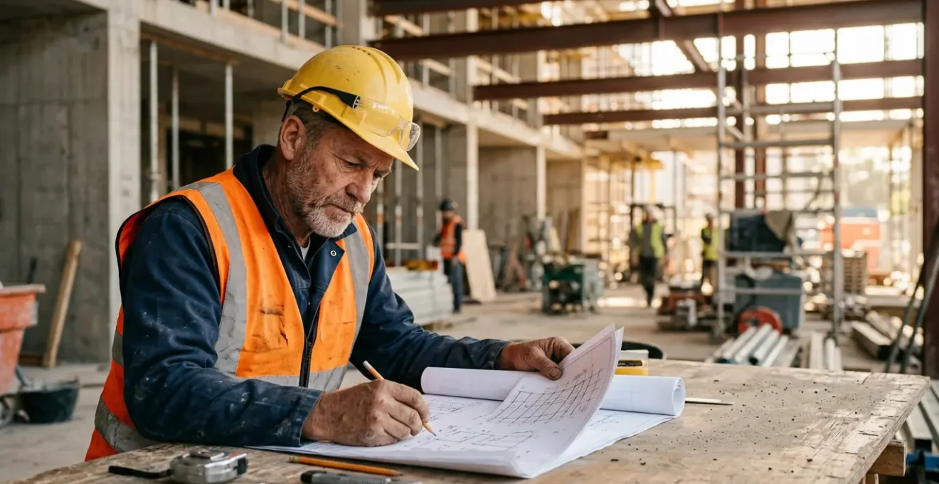Professionnel du bâtiment consultant des documents techniques sur un chantier de construction
