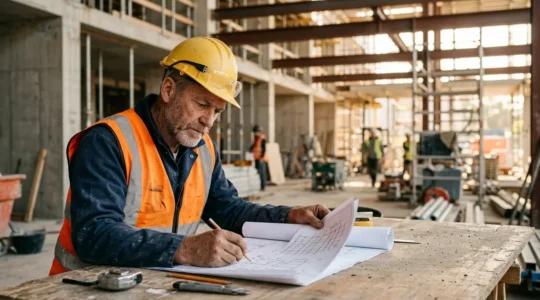 Professionnel du bâtiment consultant des documents techniques sur un chantier de construction
