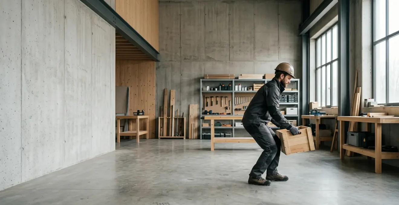 Professionnel du BTP préservant son corps par des gestes ergonomiques sur chantier