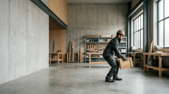 Professionnel du BTP préservant son corps par des gestes ergonomiques sur chantier