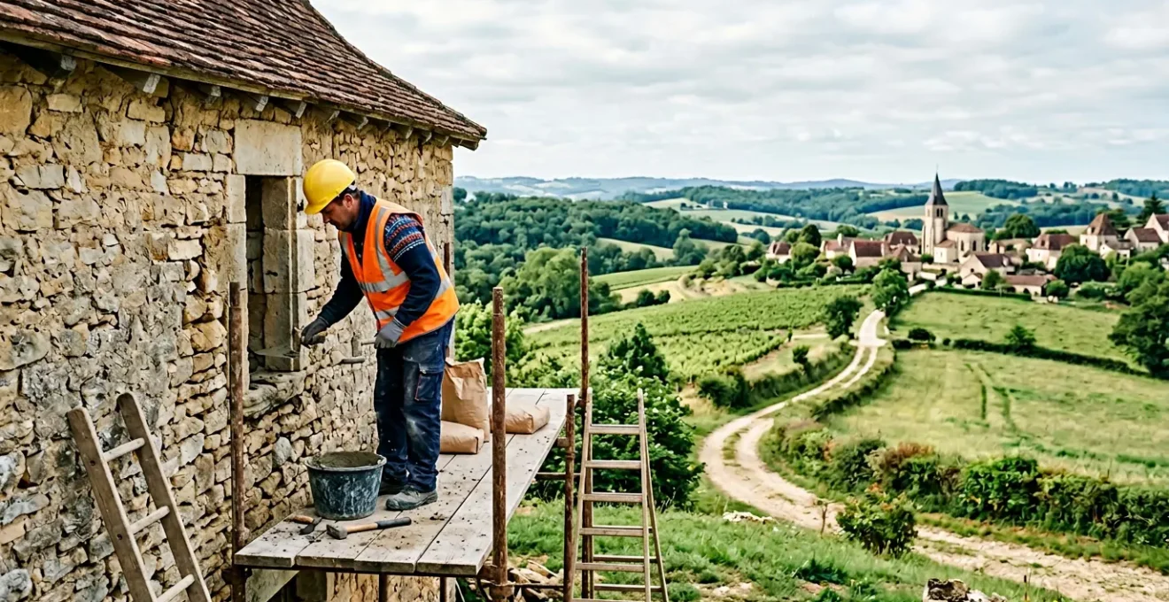 Artisan du bâtiment travaillant sur un chantier de rénovation en zone rurale française