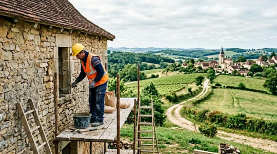 Artisan du bâtiment travaillant sur un chantier de rénovation en zone rurale française