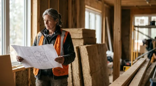 Artisan du batiment en pleine reflexion strategique sur un chantier de renovation energetique