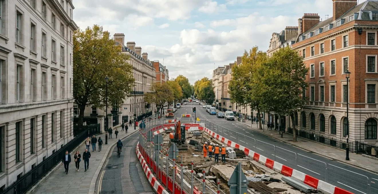 Dispositif de balisage professionnel sur un chantier urbain avec barrières et signalisation pour la protection des piétons