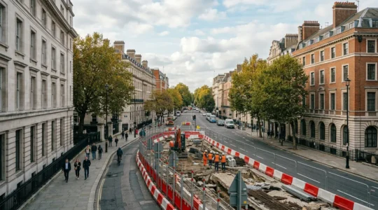 Dispositif de balisage professionnel sur un chantier urbain avec barrières et signalisation pour la protection des piétons