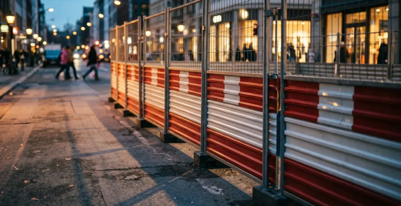 Barrière de chantier installée en zone urbaine avec passage piéton sécurisé