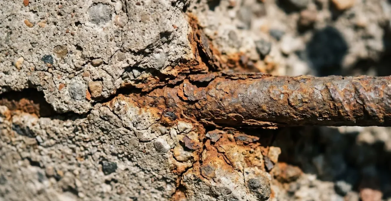 Gros plan macro sur béton éclaté révélant armatures métalliques corrodées par carbonatation