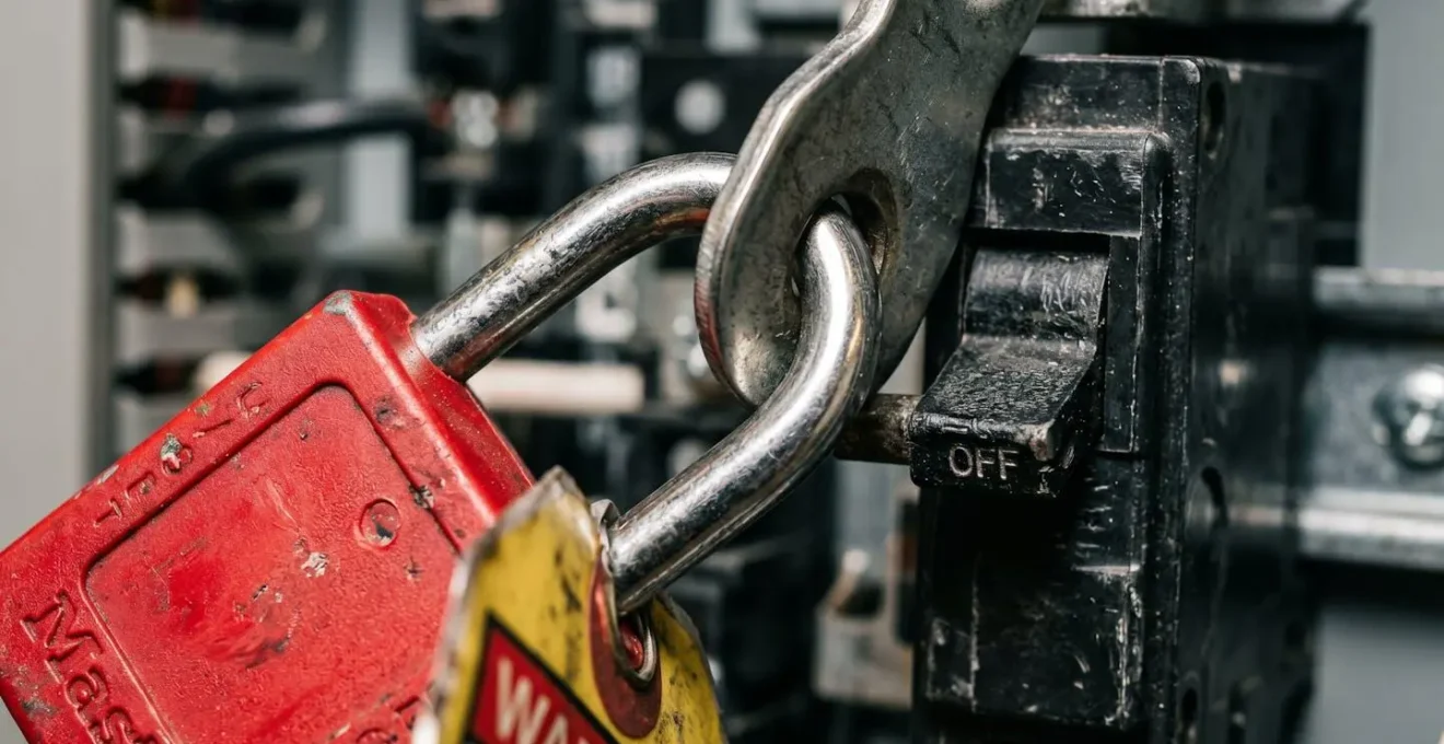 Gros plan sur un cadenas de consignation rouge verrouillant un disjoncteur électrique avec étiquette d'identification