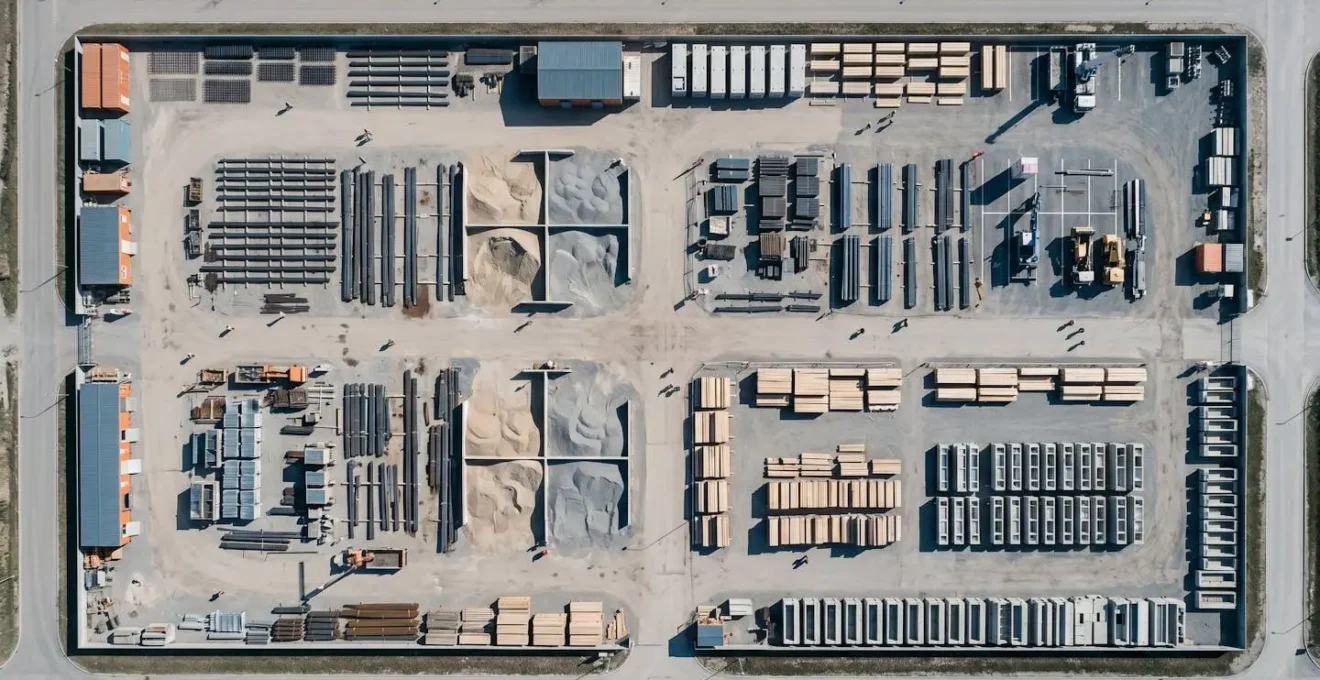 Vue aérienne d'un chantier de construction moderne avec zones de travail bien organisées