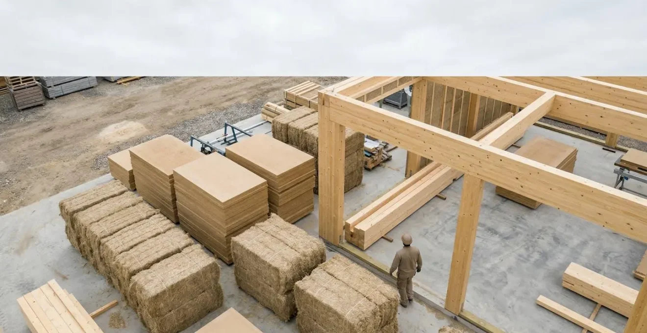 Vue d'ensemble d'un chantier de construction respectueux de l'environnement avec matériaux biosourcés