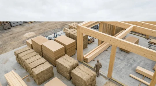 Vue d'ensemble d'un chantier de construction respectueux de l'environnement avec matériaux biosourcés