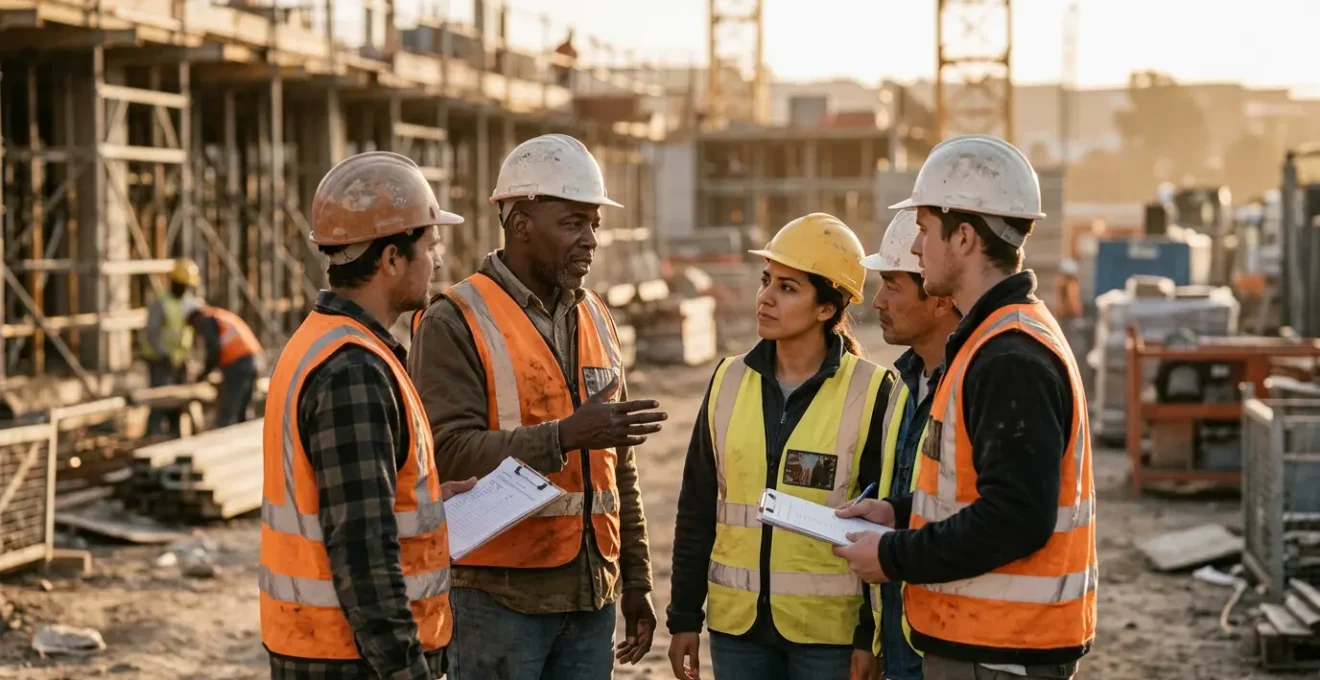 Équipe de chantier BTP en discussion collective autour des enjeux de sécurité