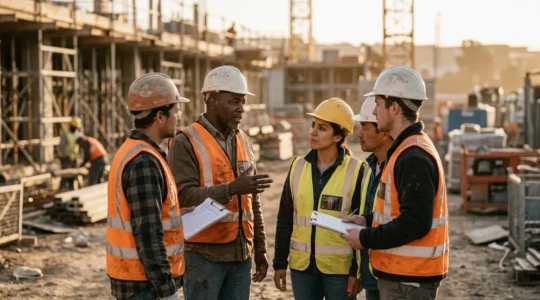 Équipe de chantier BTP en discussion collective autour des enjeux de sécurité