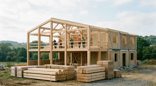 Chantier de construction neuve avec matériaux biosourcés et structure bas carbone conforme RE2020