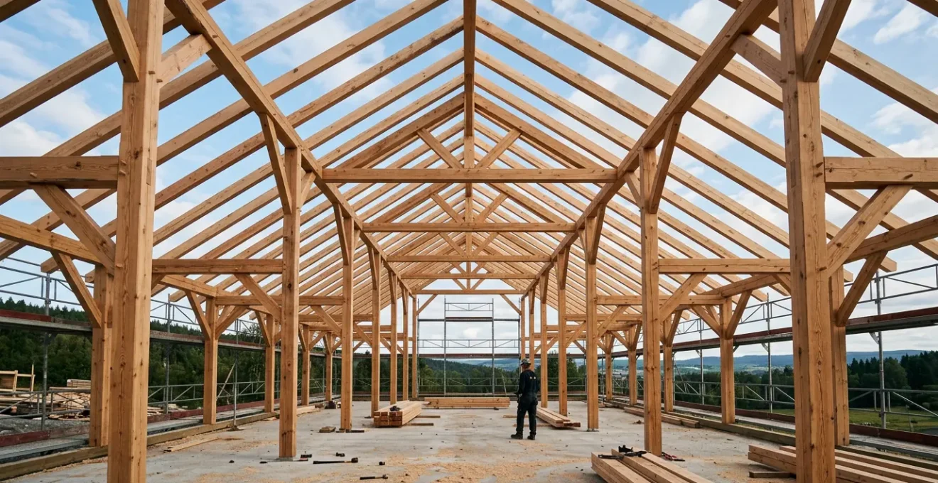 Charpente traditionnelle en bois massif avec assemblages apparents et structure porteuse robuste