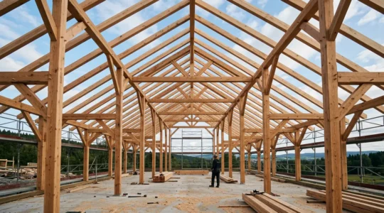 Charpente traditionnelle en bois massif avec assemblages apparents et structure porteuse robuste