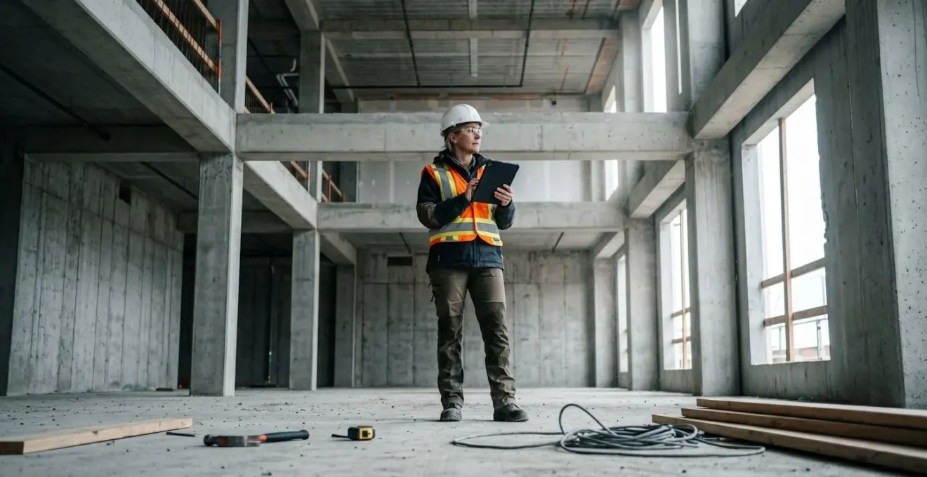 Chef de chantier utilisant une tablette pour comparer la maquette numérique avec la réalité du terrain