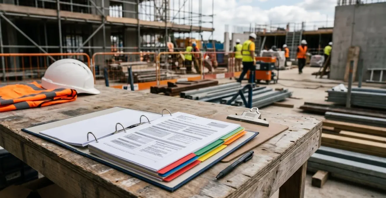Classeur de sécurité ouvert avec intercalaires et documents organisés sur un chantier