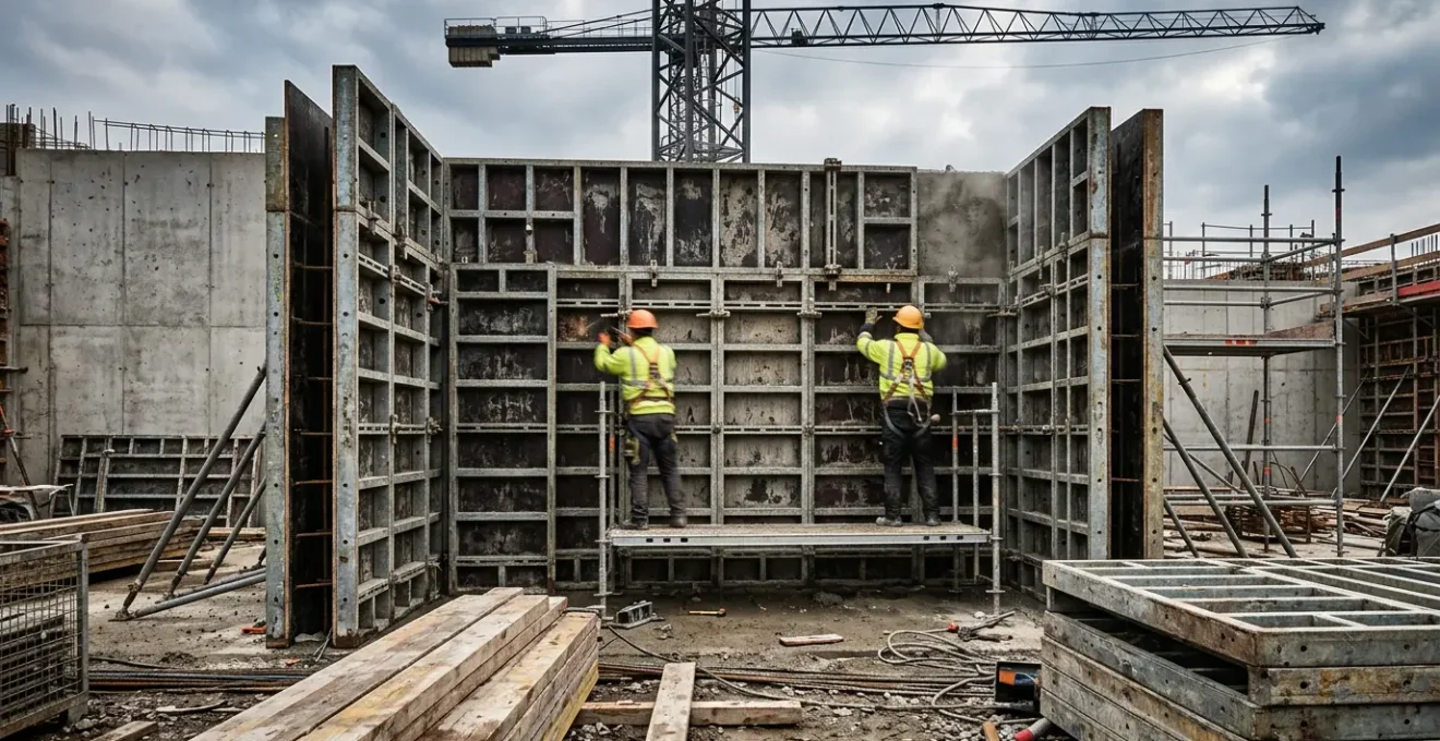 Mise en place d'un système de coffrage métallique pour un voile en béton sur chantier