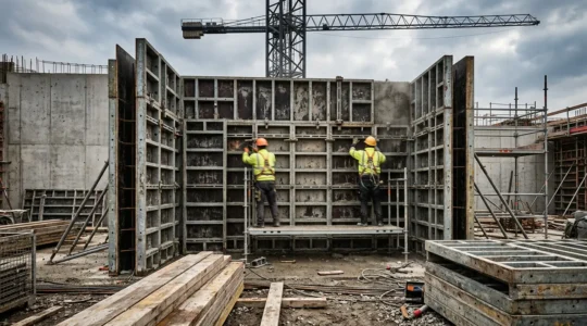 Mise en place d'un système de coffrage métallique pour un voile en béton sur chantier