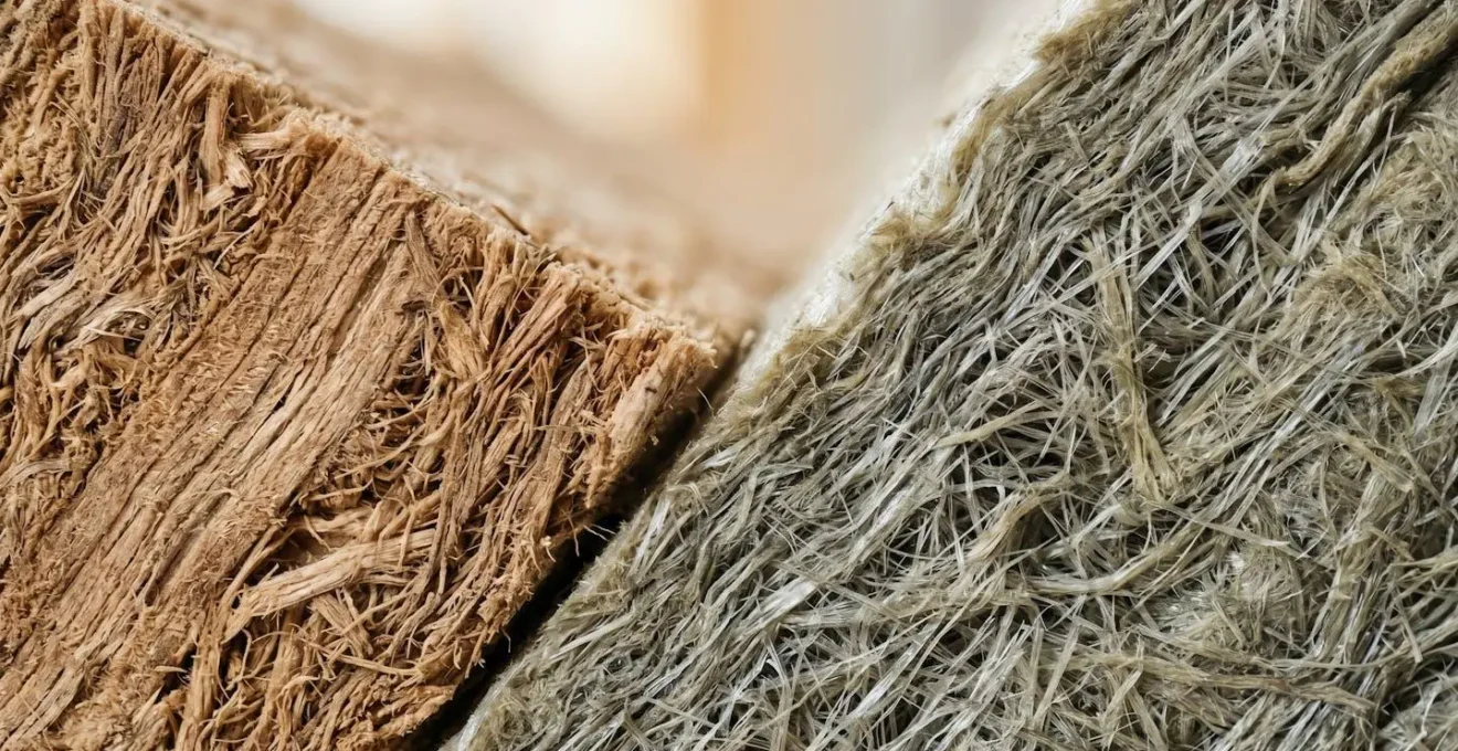 Gros plan sur les textures contrastées de matériaux isolants biosources et conventionnels pour la rénovation
