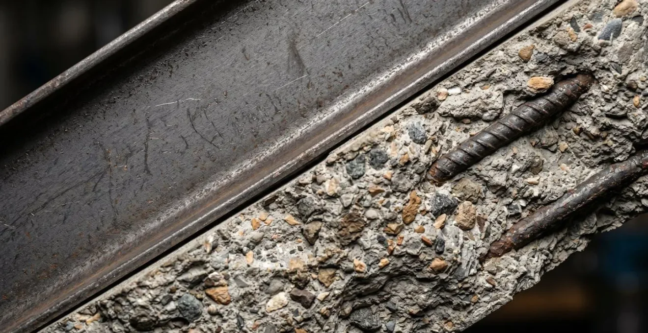 Détail macro d'une poutre métallique IPN et d'une structure en béton armé côte à côte