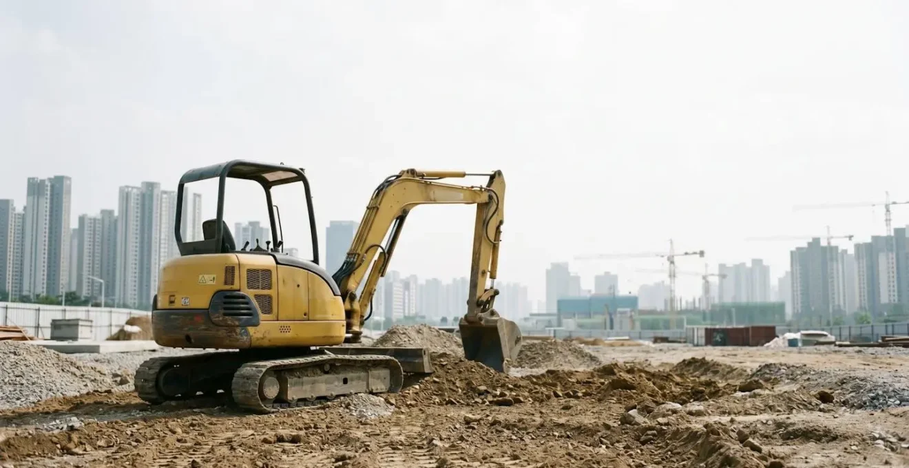 Conducteur de mini-pelle en action sur chantier urbain avec précision technique