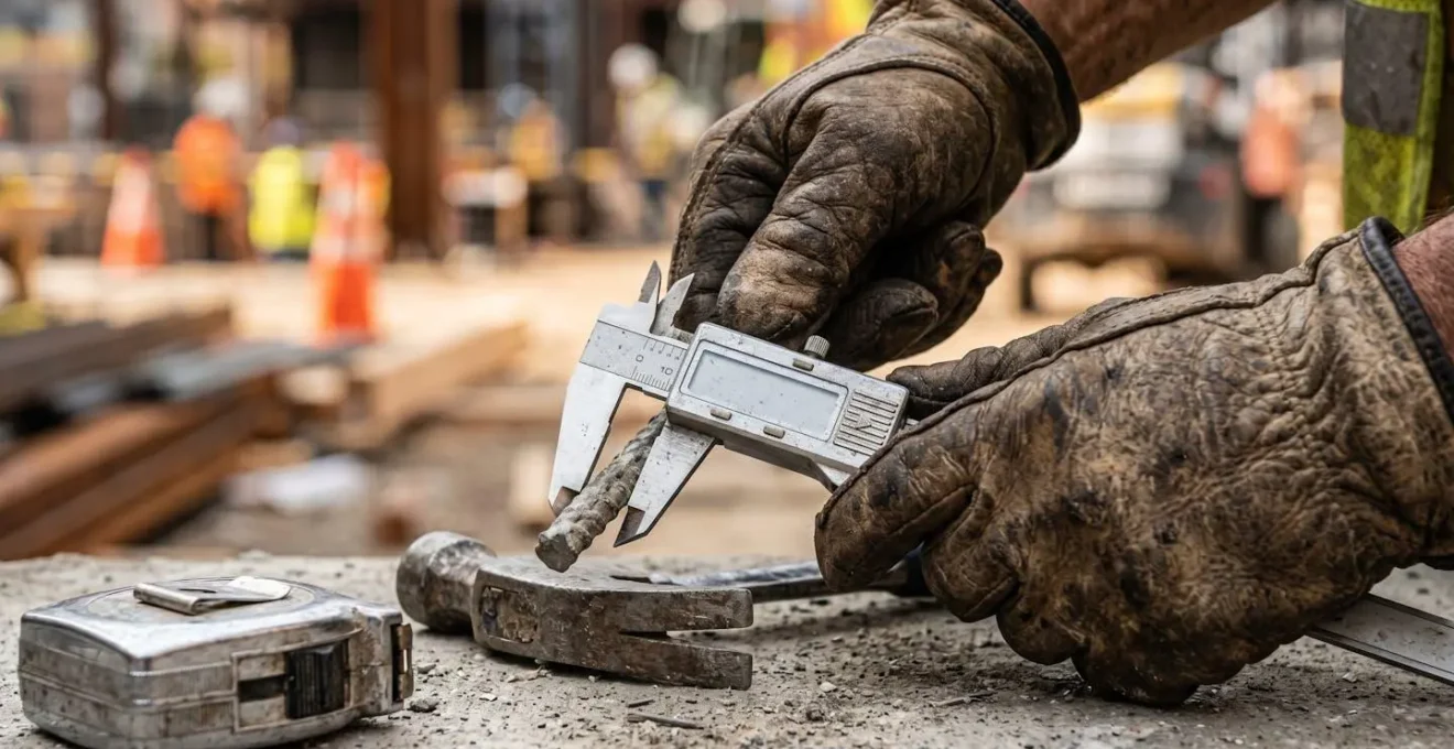 Gros plan sur des mains d'artisan manipulant des outils de chantier professionnels avec équipements de protection