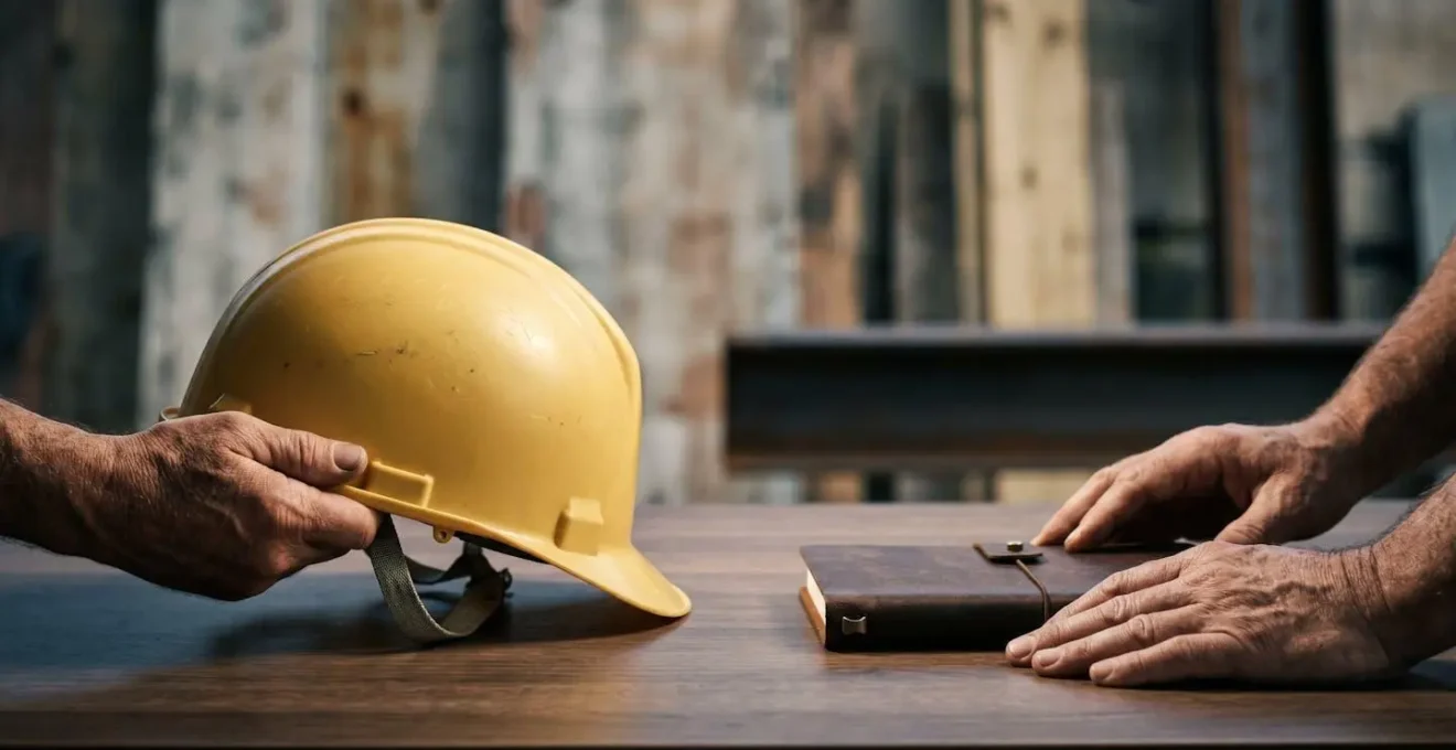 Moment de réflexion stratégique pour un professionnel du bâtiment face à un choix de carrière