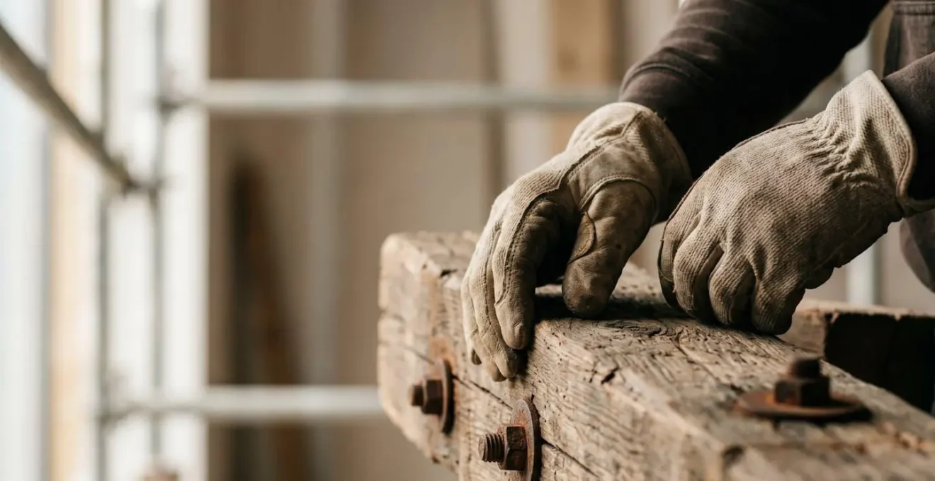 Gros plan sur des mains d'artisan manipulant délicatement un élément de construction récupéré