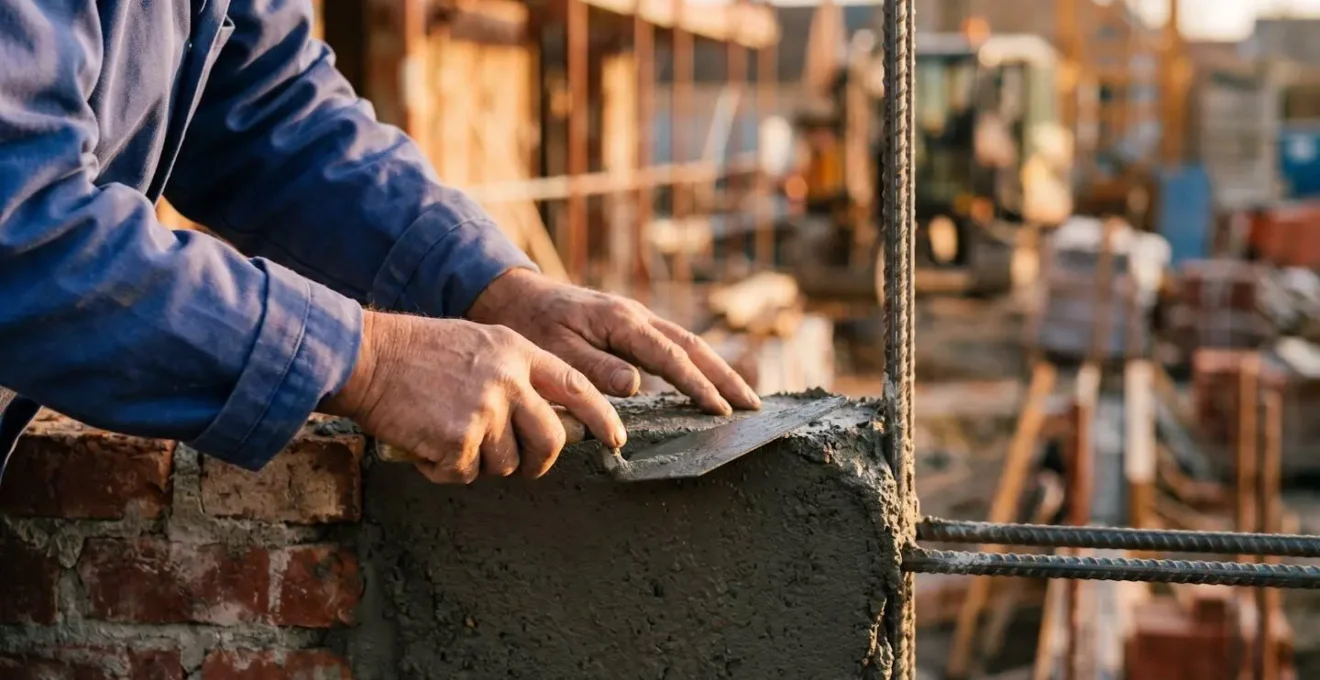 Vue détaillée d'un appui en béton coulé pour recevoir une poutre IPN sur maçonnerie ancienne