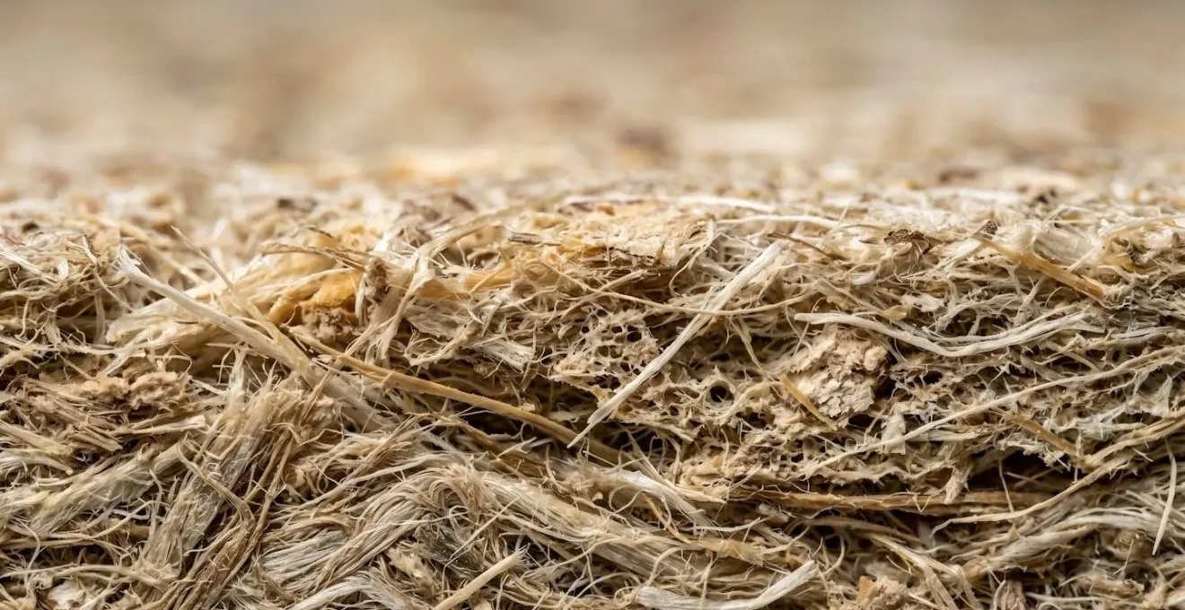 Gros plan sur texture d'isolant biosourcé montrant fibres naturelles et structure alvéolaire