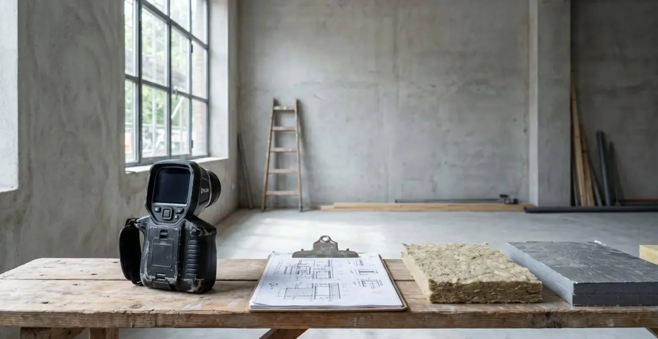 Environnement de diagnostic thermique avec équipements professionnels sur un chantier de renovation