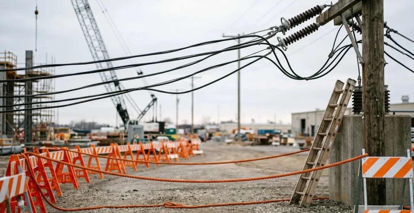 Vue en contre-plongée montrant les distances de sécurité autour d'une ligne électrique aérienne sur chantier