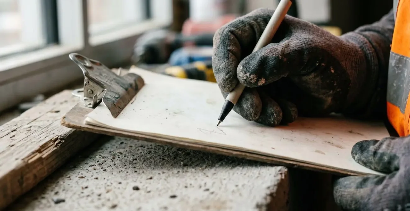 Documentation méticuleuse d'un accident de travail avec chronologie des événements sur un chantier