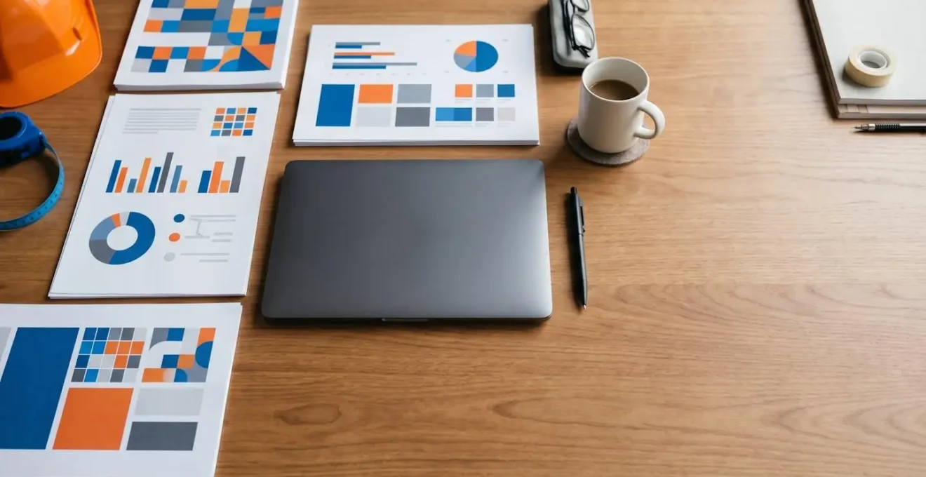 Vue aérienne d'un bureau organisé avec documents administratifs et outils de gestion pour entreprise BTP