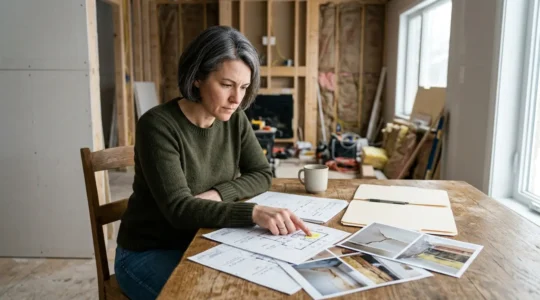Propriétaire examinant des documents de construction avec des photos de malfaçons et notes techniques sur une table de chantier