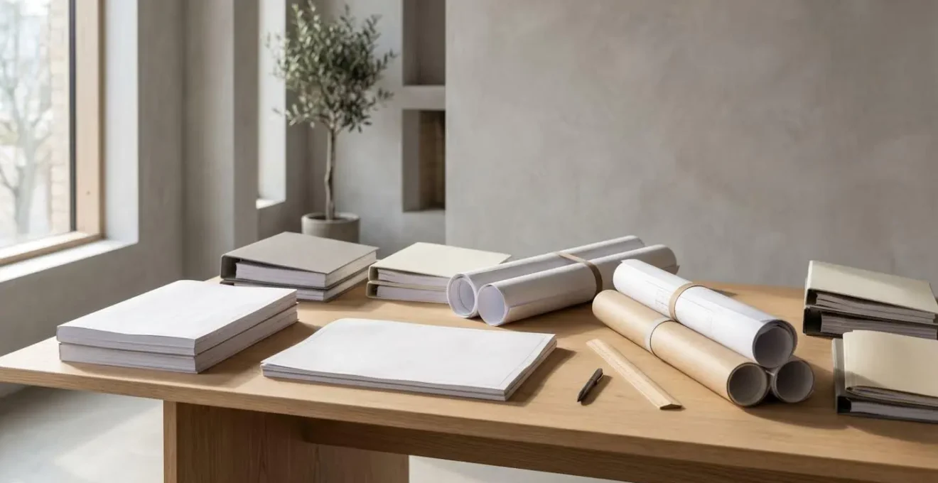 Organisation professionnelle de dossier technique de construction avec plans et documents de réception sur table de travail