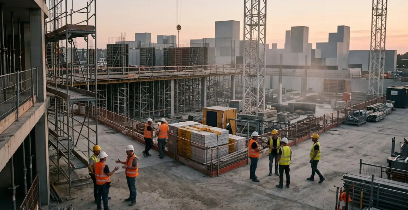 Équipe de chantier BTP en coordination sur un grand projet de construction