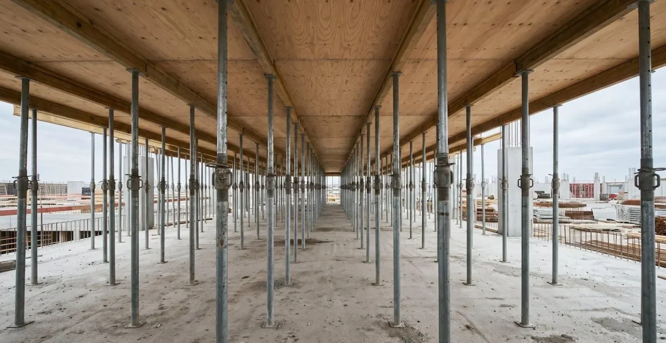 Vue d'ensemble minimaliste d'un système d'étaiement de dalle avant coulage béton sur chantier